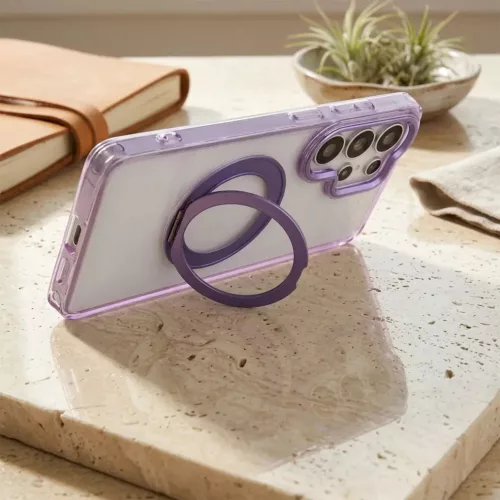 Samsung Galaxy A37 tok, gyűrűs kitámasztóval, kameravédő peremmel, MagSafe, átlátszó-lila