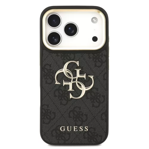 Guess PU Leather 4G Metal Logo Gold Frame Apple iPhone 18 Pro / iPhone 17 Pro hátlap tok, fekete