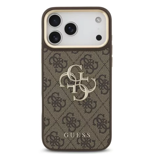 Guess PU Leather 4G Metal Logo Gold Frame Apple iPhone 18 Pro Max hátlap tok, barna