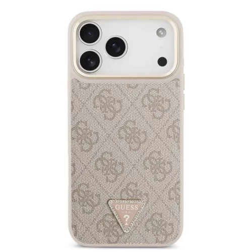 Guess PU Leather 4G Strass Triangle Logo Gold Frame Apple iPhone 18 Pro Max / 17 Pro Max tok, MagSafe, rózsaszín