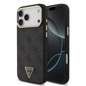   Guess PU Leather 4G Strass Triangle Logo Gold Frame Apple iPhone 18 Pro  / 17 Pro tok, MagSafe,, fekete