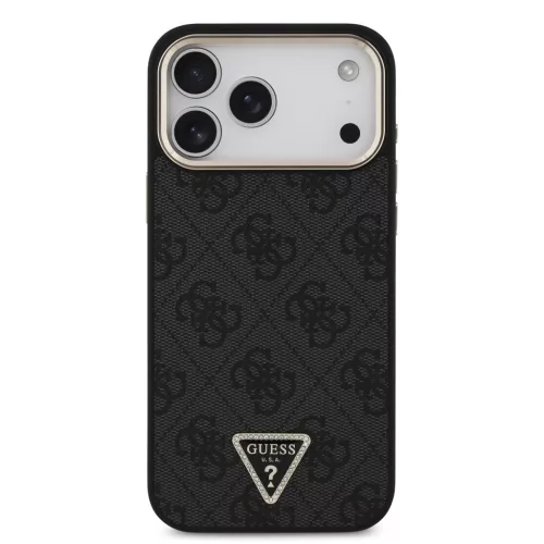 Guess PU Leather 4G Strass Triangle Logo Gold Frame Apple iPhone 18 Pro  / 17 Pro tok, MagSafe,, fekete