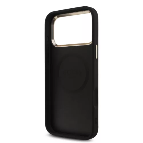 Guess PU Leather 4G Strass Triangle Logo Gold Frame Apple iPhone 18 Pro  / 17 Pro tok, MagSafe,, fekete