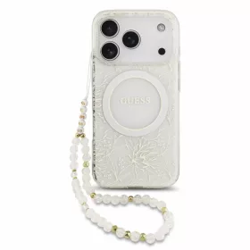   Guess IML Flowers Allover Strap Apple iPhone 18 Pro / iPhone 17 Pro hátlap tok karpánttal, MagSafe, fehér