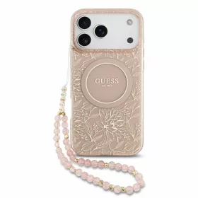   Guess IML Flowers Allover Strap Apple iPhone 18 Pro / iPhone 17 Pro hátlap tok karpánttal, MagSafe, rózsaszín