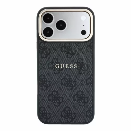 Guess PU Leather 4G Gold Frame Embossed Apple iPhone 18 Pro / iPhone 17 Pro hátlap tok, MagSafe, fekete-arany