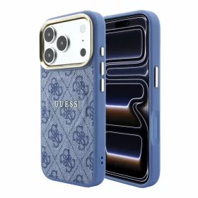   Guess PU Leather 4G Gold Frame Embossed Apple iPhone 18 Pro Max hátlap tok, MagSafe, kék-arany