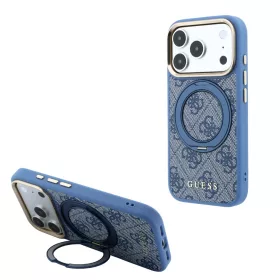   Guess PU 4G Ring Stand Apple iPhone 18 Pro / iPhone 17 Pro hátlap tok kitámasztóval, MagSafe, kék-arany