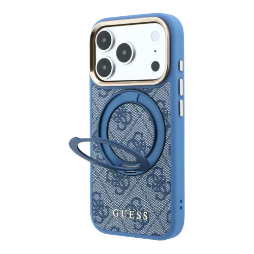 Guess PU 4G Ring Stand Apple iPhone 18 Pro / iPhone 17 Pro hátlap tok kitámasztóval, MagSafe, kék-arany