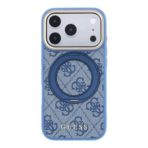 Guess PU 4G Ring Stand Apple iPhone 18 Pro / iPhone 17 Pro hátlap tok kitámasztóval, MagSafe, kék-arany