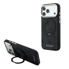   Guess PU 4G Ring Stand Apple iPhone 18 Pro / iPhone 17 Pro hátlap tok kitámasztóval, MagSafe, fekete-arany