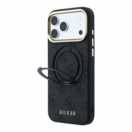 Guess PU 4G Ring Stand Apple iPhone 18 Pro / iPhone 17 Pro hátlap tok kitámasztóval, MagSafe, fekete-arany
