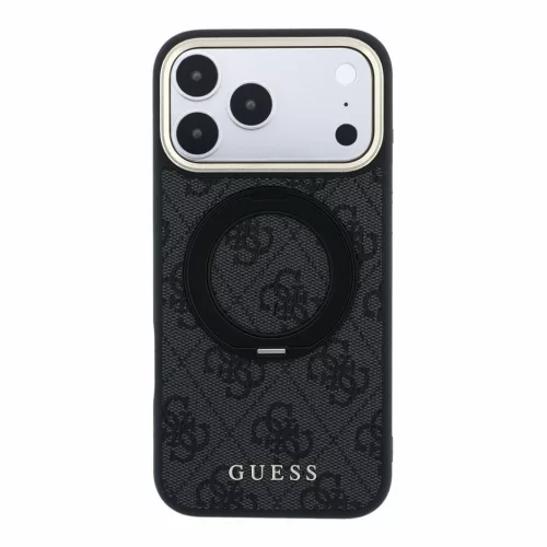 Guess PU 4G Ring Stand Apple iPhone 18 Pro / iPhone 17 Pro hátlap tok kitámasztóval, MagSafe, fekete-arany