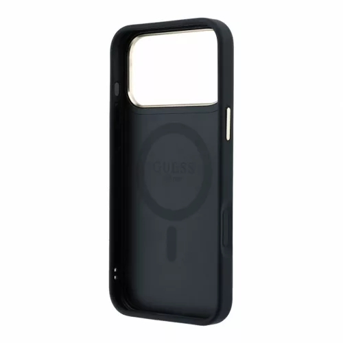 Guess PU 4G Ring Stand Apple iPhone 18 Pro / iPhone 17 Pro hátlap tok kitámasztóval, MagSafe, fekete-arany