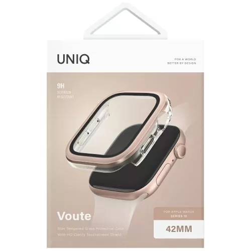 Uniq Voute Apple Watch 11 / Watch 10 42mm műanyag tok, kijelzővédő felülettel, rozéarany