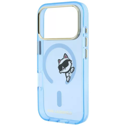 Karl Lagerfeld Peekaboo Logo Apple iPhone 18 Pro / 17 Pro tok, MagSafe, macska minta, kék-arany