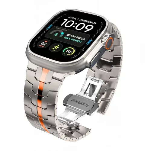 Tech-Protect Stainless Apple Watch 8 / 9 / 10 / 11 / 12 / SE / Ultra (44/45/46/49mm) szíj, fém, ezüst-narancs