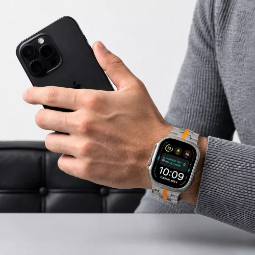 Tech-Protect Stainless Apple Watch 8 / 9 / 10 / 11 / 12 / SE / Ultra (44/45/46/49mm) szíj, fém, ezüst-narancs