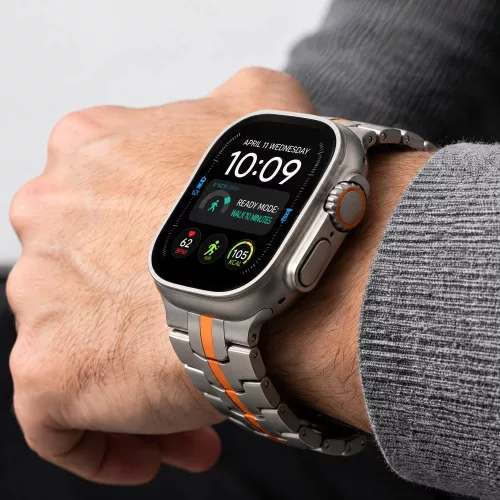 Tech-Protect Stainless Apple Watch 8 / 9 / 10 / 11 / 12 / SE / Ultra (44/45/46/49mm) szíj, fém, ezüst-narancs