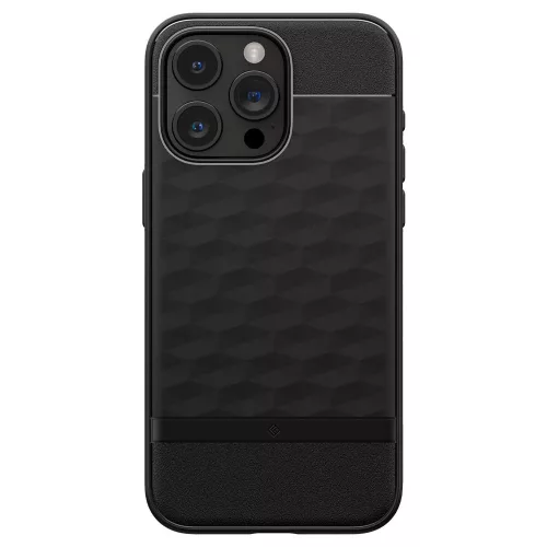 Apple iPhone 15 Pro Max, Szilikon tok + műanyag keret, közepesen ütésálló, Magsafe töltővel kompatibilis, 3D hatszög minta, Spigen Caseology Parallax Mag, fekete