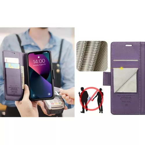 Samsung Galaxy A06 SM-A065F, Oldalra nyíló tok, stand, kártyatartóval, RFID technológiával, Wooze CaseME, lila