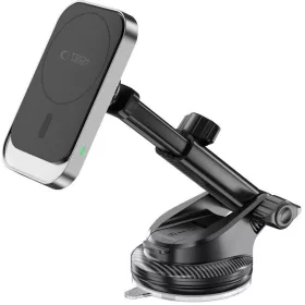   Autós tartó, univerzális, szélvédőre vagy szellőzőre vagy műszerfalra rögzíthető, 360°-ban forgatható, mágneses, Magsafe kompatibilis, Magsafe gyűrűvel, Qi vezeték nélküli töltővel, 15W, TP MM15W-V9 Magnetic Magsafe, fekete