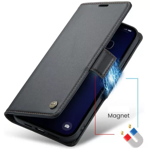 Apple iPhone 16e / 17e, Oldalra nyíló tok, stand, kártyatartóval, RFID technológiával, Wooze CaseME, fekete