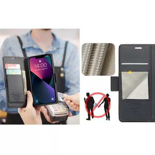 Apple iPhone 16e / 17e, Oldalra nyíló tok, stand, kártyatartóval, RFID technológiával, Wooze CaseME, fekete