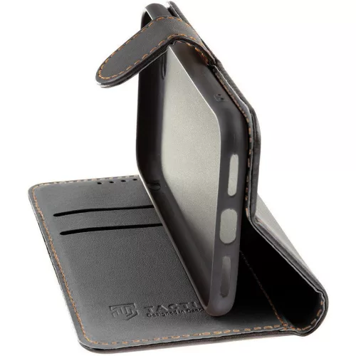 Apple iPhone 16e / 17e, Oldalra nyíló tok, stand, kártyatartóval, csatos, Tactical Field Notes, fekete
