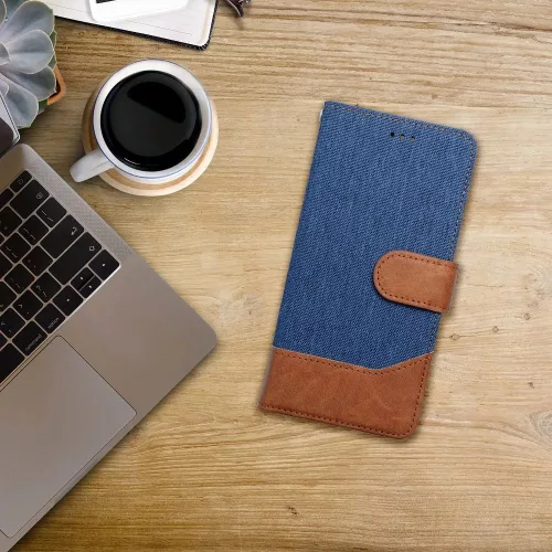 Samsung Galaxy A26 5G SM-A266B, Oldalra nyíló tok, stand, kártyatartóval, farmer minta, Jeans Book, kék