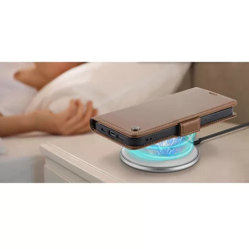Apple iPhone 13 Pro Max, Oldalra nyíló tok, stand, kártyatartóval, RFID technológiával, Wooze CaseME, barna