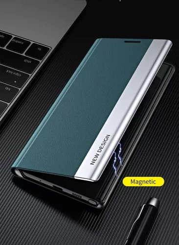 Samsung Galaxy S25 Edge SM-S937, Oldalra nyíló tok, stand, Wooze Silver Line, sötétzöld