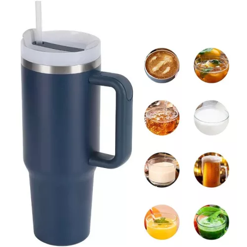 Prémium fémfalú utazó termosz + pohár, 1200 ml, hőtartó, szívószállal, fogantyúval, Tumbler, sötétkék