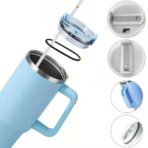 Prémium fémfalú utazó termosz + pohár, 1200 ml, hőtartó, szívószállal, fogantyúval, Tumbler, sötétkék