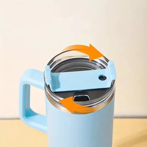 Prémium fémfalú utazó termosz + pohár, 1200 ml, hőtartó, szívószállal, fogantyúval, Tumbler, cyan