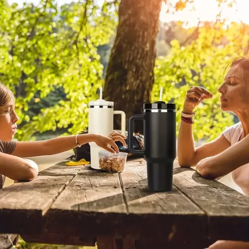 Prémium fémfalú utazó termosz + pohár, 1200 ml, hőtartó, szívószállal, fogantyúval, Tumbler, cyan