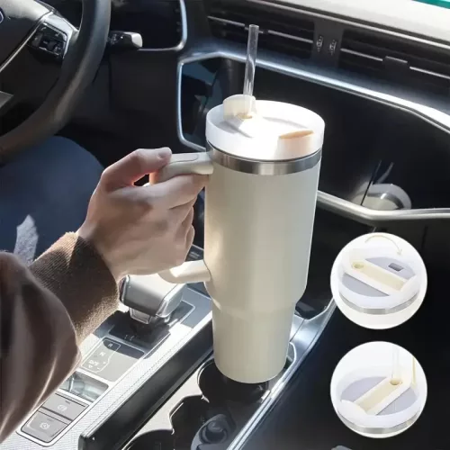Prémium fémfalú utazó termosz + pohár, 1200 ml, hőtartó, szívószállal, fogantyúval, Tumbler, cyan