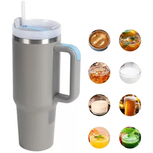 Prémium fémfalú utazó termosz + pohár, 1200 ml, hőtartó, szívószállal, fogantyúval, Tumbler, szürke