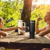 Prémium fémfalú utazó termosz + pohár, 1200 ml, hőtartó, szívószállal, fogantyúval, Tumbler, szürke