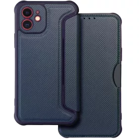   Apple iPhone 17, Oldalra nyíló tok, légpárnás sarok, bőrhatású, karbon minta, Razor Book, kék