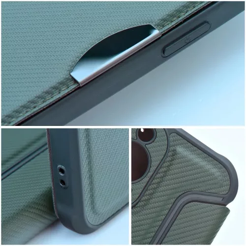 Apple iPhone 17, Oldalra nyíló tok, légpárnás sarok, bőrhatású, karbon minta, Razor Book, zöld