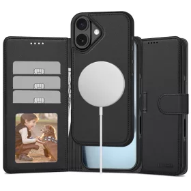   Apple iPhone 17, Oldalra nyíló tok, stand, mágnes csattal, kivehető tokkal, Magsafe töltővel kompatibilis, TP Wallett Magsafe, fekete