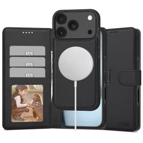   Apple iPhone 17 Pro Max, Oldalra nyíló tok, stand, mágnes csattal, kivehető tokkal, Magsafe töltővel kompatibilis, TP Wallett Magsafe, fekete