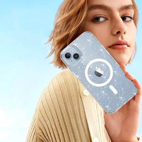 Apple iPhone 17, Műanyag hátlap védőtok + szilikon keret, Magsafe töltővel kompatibilis, csillogó hátlap, FlexAir Hybrid Magsafe Glitter, átlátszó