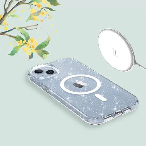 Apple iPhone 17 Pro Max, Műanyag hátlap védőtok + szilikon keret, Magsafe töltővel kompatibilis, csillogó hátlap, FlexAir Hybrid Magsafe Glitter, átlátszó