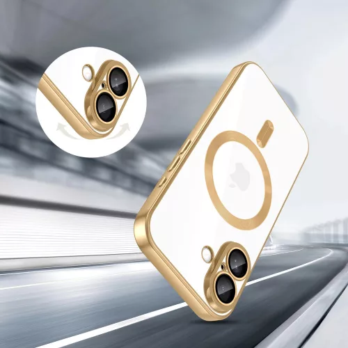 Apple iPhone 17, Műanyag hátlap védőtok + szilikon keret, közepesen ütésálló, Magsafe töltővel kompatibilis, fényes keret, Magflex Magsafe, átlátszó/arany