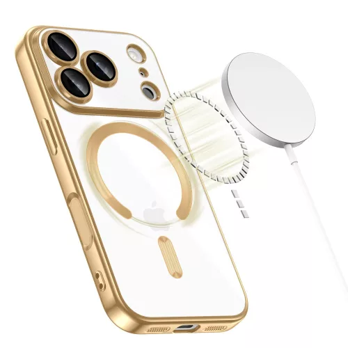 Apple iPhone 17 Pro, Műanyag hátlap védőtok + szilikon keret, közepesen ütésálló, Magsafe töltővel kompatibilis, fényes keret, Magflex Magsafe, átlátszó/arany
