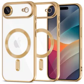   Apple iPhone Air (2025), Műanyag hátlap védőtok + szilikon keret, közepesen ütésálló, Magsafe töltővel kompatibilis, fényes keret, Magflex Magsafe, átlátszó/arany