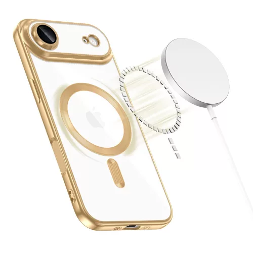 Apple iPhone Air (2025), Műanyag hátlap védőtok + szilikon keret, közepesen ütésálló, Magsafe töltővel kompatibilis, fényes keret, Magflex Magsafe, átlátszó/arany