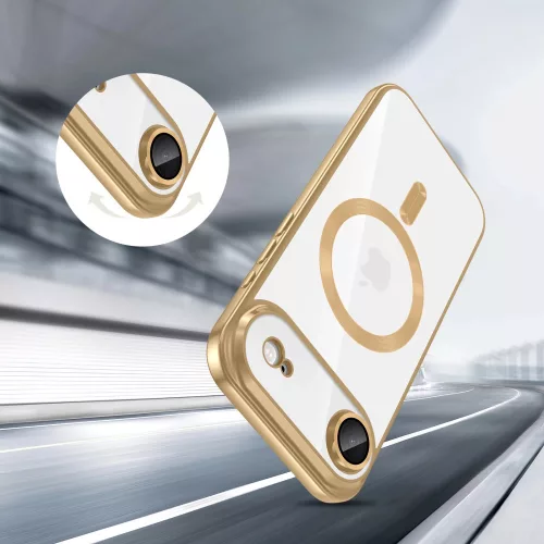 Apple iPhone Air (2025), Műanyag hátlap védőtok + szilikon keret, közepesen ütésálló, Magsafe töltővel kompatibilis, fényes keret, Magflex Magsafe, átlátszó/arany
